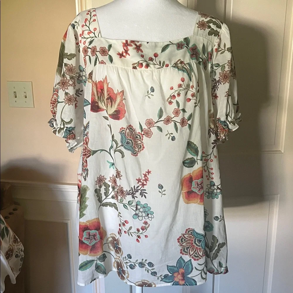 NWT Johnny Was Ekru Ardell Puff Sleeve Top in Ivory Floral Print Sheer Blouse XL - Picture 1 of 5